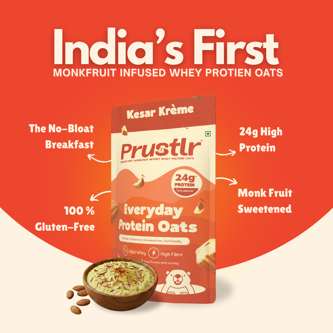 Prustlr Kesar Krème protein oats pack on a red background