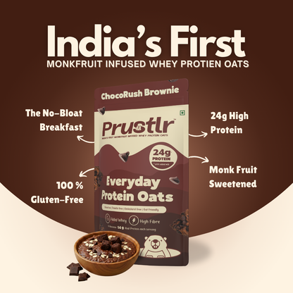 Prustlr ChocoRush Brownie protein oats packaging with text highlighting features on a brown background