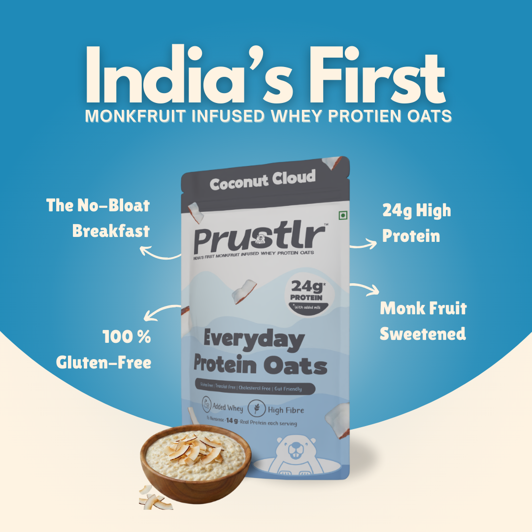 Prustlr coconut crunch protein oats package with a blue background