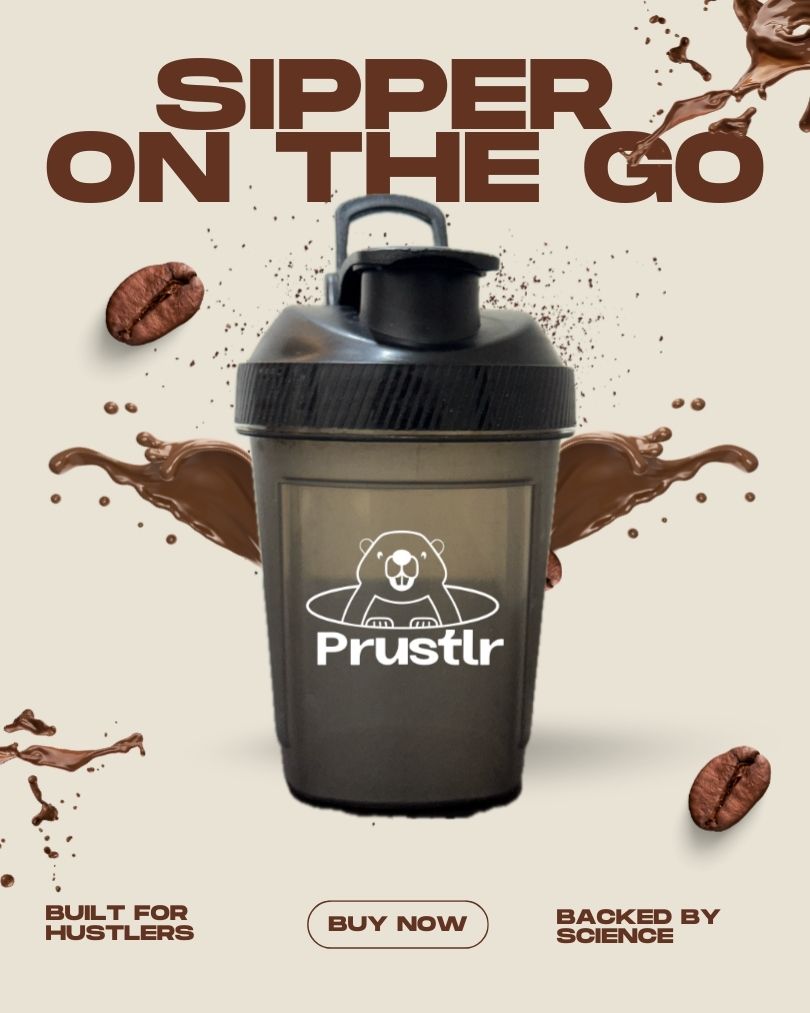 Black shaker bottle with Prustlr logo on a beige background with coffee beans and chocolate splashes.