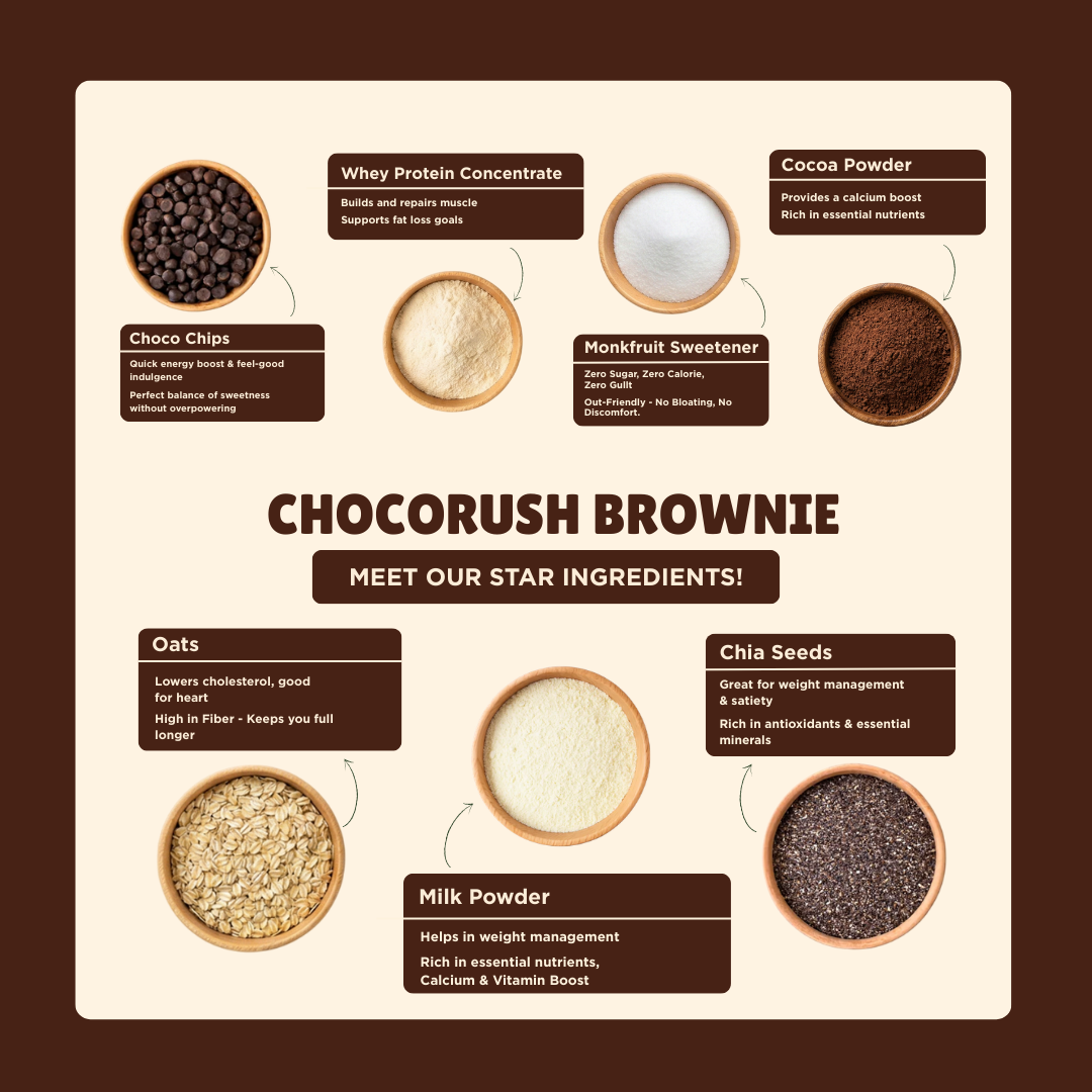 Infographic of Chocorush Brownie Monkfruit-infused whey protein oats