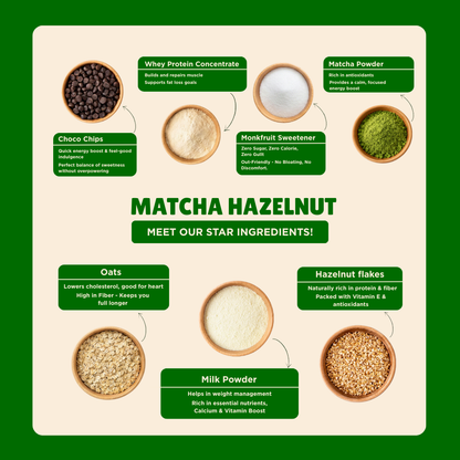 Matcha Hazelnut product with core ingredients displayed on a green background